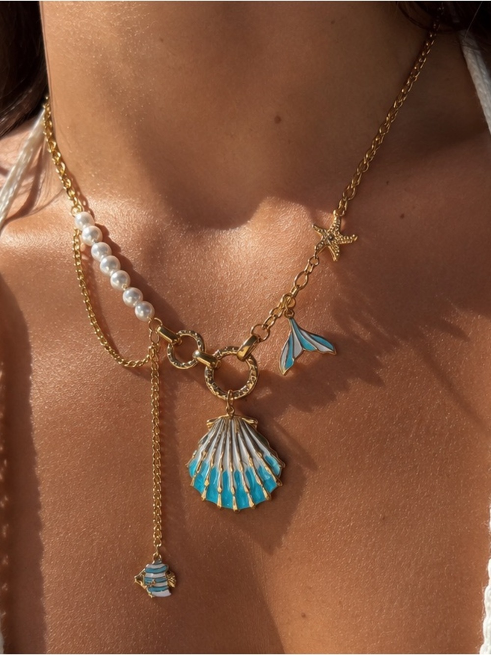 Fish and Seashell Charm Necklace with Turquoise Enamel Summer Vibes